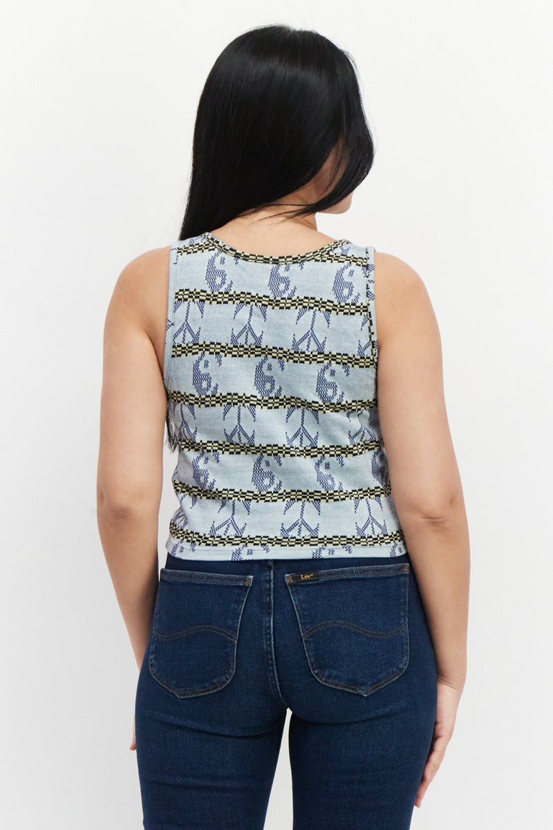 OBEY Women Round Neck Sleeveless Textured Top, Blue Combo - Image 3