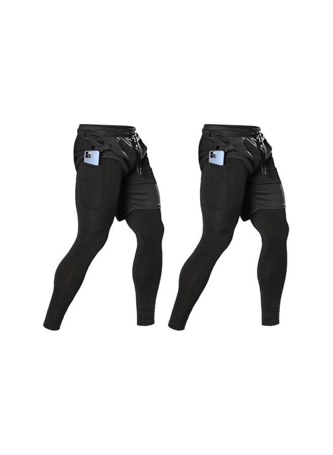 بروماس بنطال الجري 2 في 1 للرجال، بنطال ضغط طويل للجيم للرجال، سروال رياضي للتدريب مع جيوب للهاتف، بنطال الركض للرجال (XXL) - Image 1