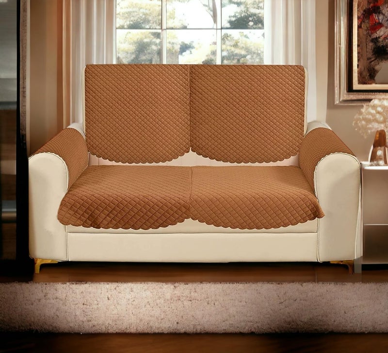 STARNSTYLE Velvet Self Design Quilted Sofa Chair Cover 2 Seater Arm Cover Brown - Image 1