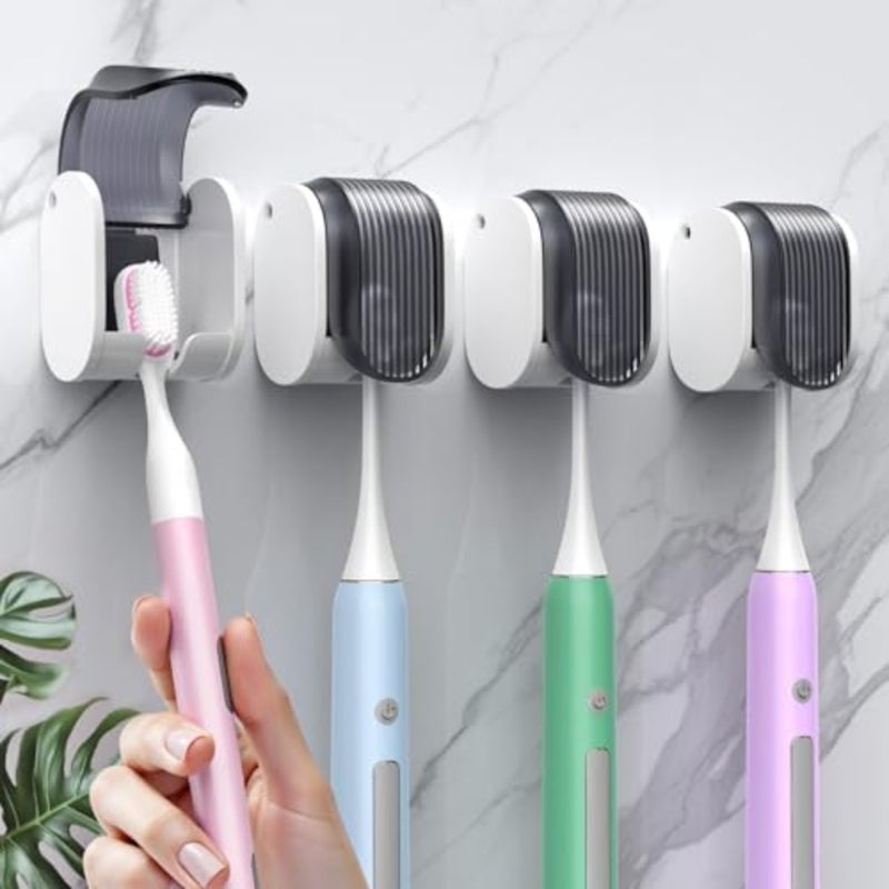 4 Pcs Toothbrush Holders Wall Mounted, Single Slot Design, Shower Self Adhesive Wall Mounted Toothbrush Holder with Cover, Waterproof and Dustproof, Suitable for Bathroom, Family, Travel Grey - Image 1