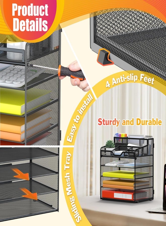 Docnest 5 Tier Mesh Desk Organizer for Paper Office Supplies – Multi-Functional Letter Tray with 5 Adjustable Compartments, 3 Pen Holders, Desktop Storage for Files, Mail, Stationery – Black - Image 5