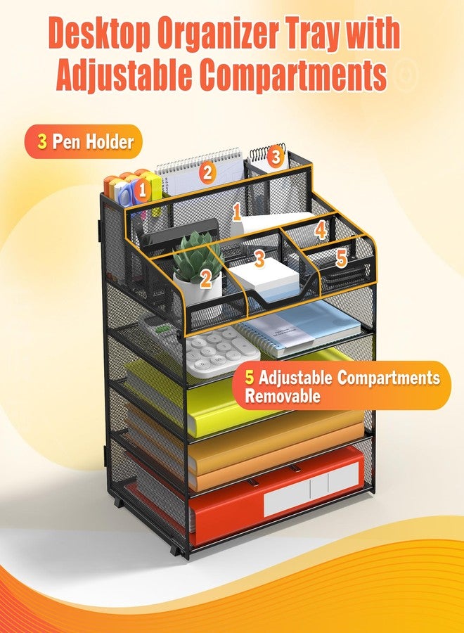 Docnest 5 Tier Mesh Desk Organizer for Paper Office Supplies – Multi-Functional Letter Tray with 5 Adjustable Compartments, 3 Pen Holders, Desktop Storage for Files, Mail, Stationery – Black - Image 4