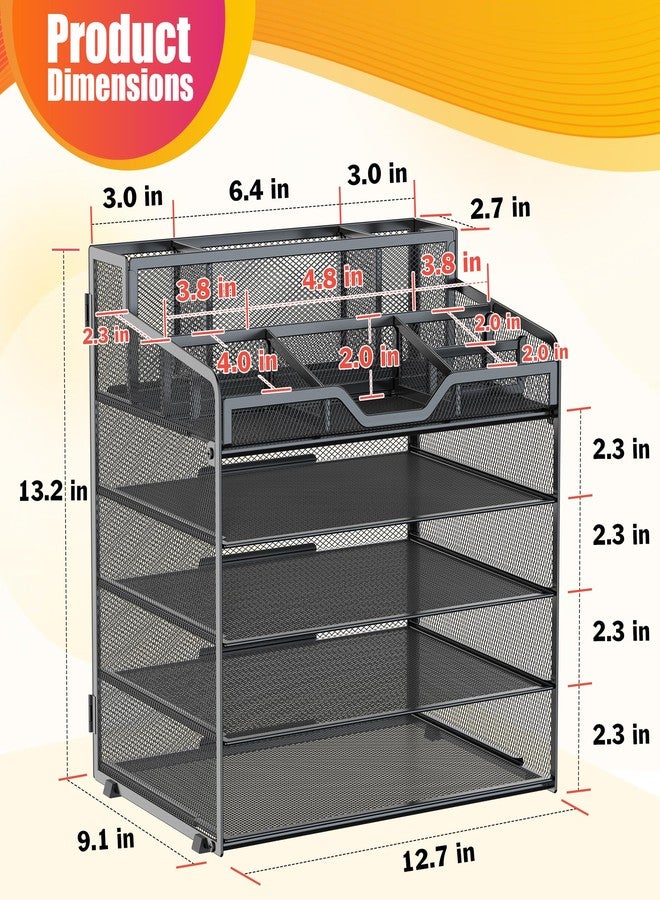 Docnest 5 Tier Mesh Desk Organizer for Paper Office Supplies – Multi-Functional Letter Tray with 5 Adjustable Compartments, 3 Pen Holders, Desktop Storage for Files, Mail, Stationery – Black - Image 3