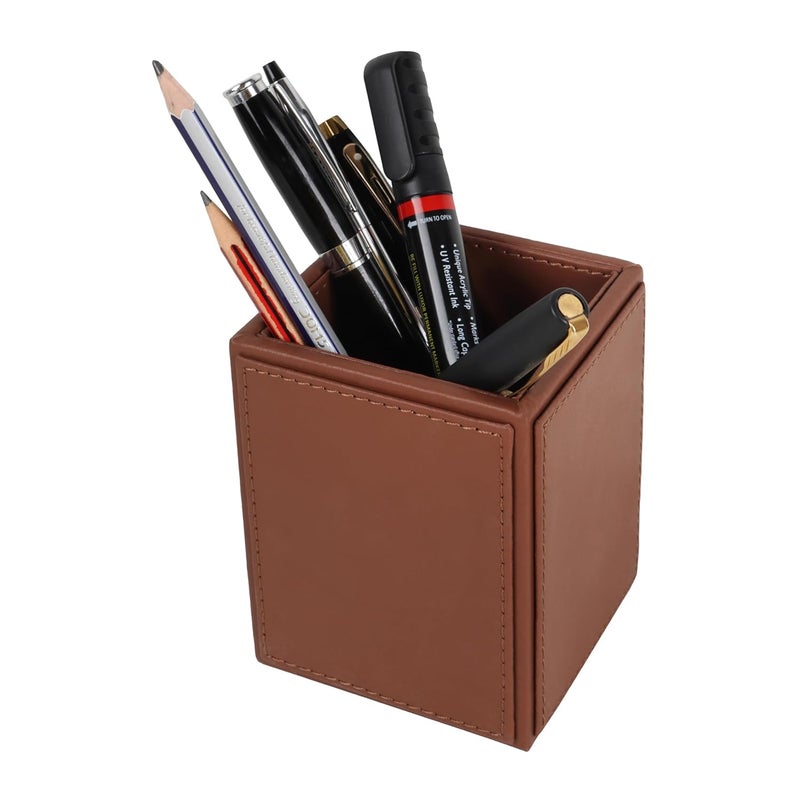 V-CUBE DESIGNS Premium Vegan Leather Pen Holder for Desk & Study Table Accessory | Marker/Pencil Stand for Student | Stationery Organizer for Office Table & Home | 6mm Thickness with MDF Core | Tan - Image 4