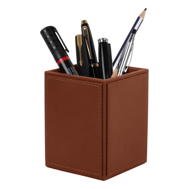 V-CUBE DESIGNS Premium Vegan Leather Pen Holder for Desk & Study Table Accessory | Marker/Pencil Stand for Student | Stationery Organizer for Office Table & Home | 6mm Thickness with MDF Core | Tan - Image 1