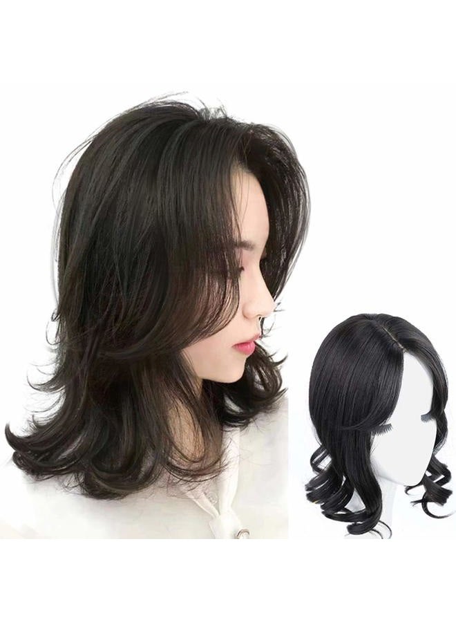 LesafeV Middle Part Fringe Skin Base Topper 14" French Wavy Style Clip in Hairpiece for Women Forehead Thinning Hair Light Brown - Image 1