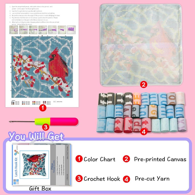LAPATAIN Latch Hook Kits for DIY Throw Pillow Cover,Red Bird Needlework Cushion Cover Hand Craft Crochet for Great Family 16.5x16.5inch - Image 2