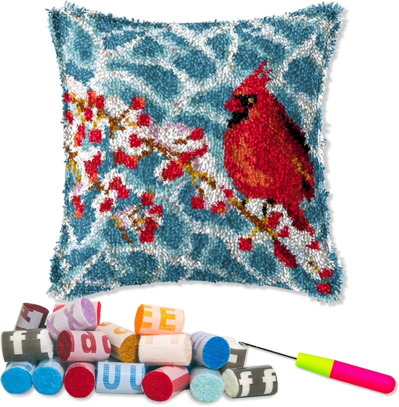 LAPATAIN Latch Hook Kits for DIY Throw Pillow Cover,Red Bird Needlework Cushion Cover Hand Craft Crochet for Great Family 16.5x16.5inch - Image 1
