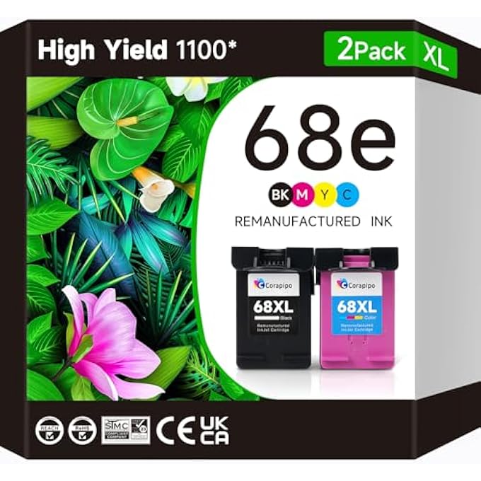 68E 68XL INK CARTRIDGES REPALCEMENT COMB PACK 68E BLACK + 68E TRI-COLOR COMPATIBLE FOR HP 68 68XL 68E INK CARTRIDGES WORK FOR ENVY 6152E 6155E 6552E 6555E 6558E PRINTERS|2PACK HIGH CAPACITY - Image 1