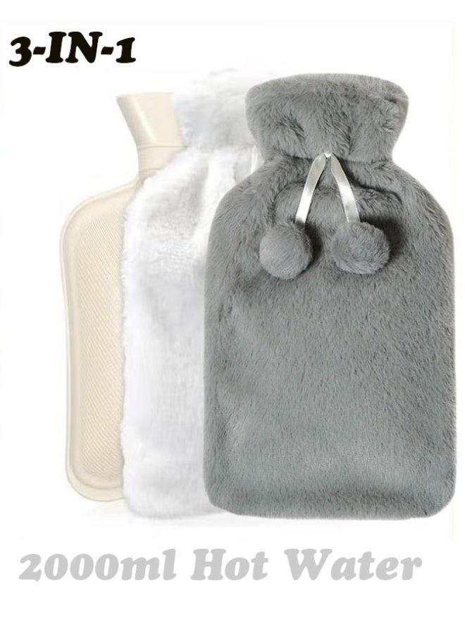 NIBEMINENT 3-in-1 2L Hot Water Bag with Strong Fluffy Cover, BPA Free Hot Water Bottle For Shoulder Neck and Muscle Pain Hand And Feet Warmer Menstrual Cramps Hot Compress And Cold Therapy – Random Design and Color - Image 1