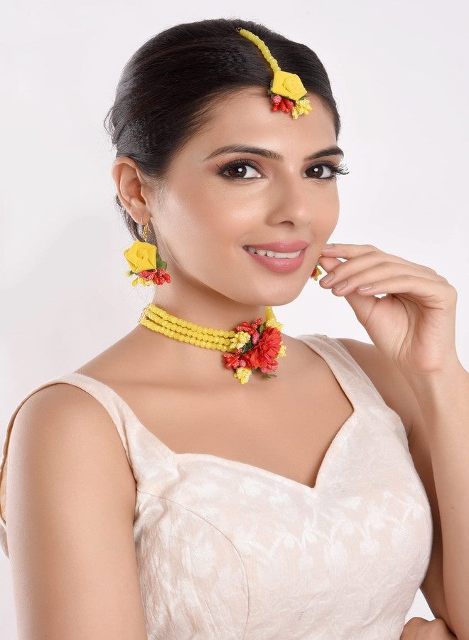 Efulgenz Beaded Faux Pearl Yellow Flower Jewelry Set Choker Neckalce with Maang Tikka Earrings Floral Handmade Indian Jewelry for Women for Haldi Mehandi Wedding Bridal Baby Shower, Acrylic, not known - Image 3