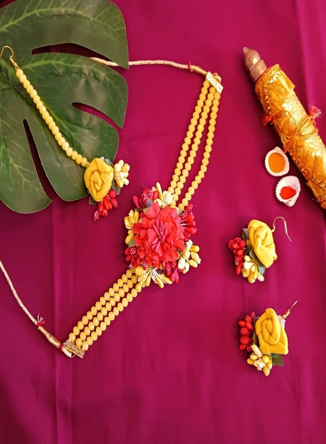 Efulgenz Beaded Faux Pearl Yellow Flower Jewelry Set Choker Neckalce with Maang Tikka Earrings Floral Handmade Indian Jewelry for Women for Haldi Mehandi Wedding Bridal Baby Shower, Acrylic, not known - Image 2