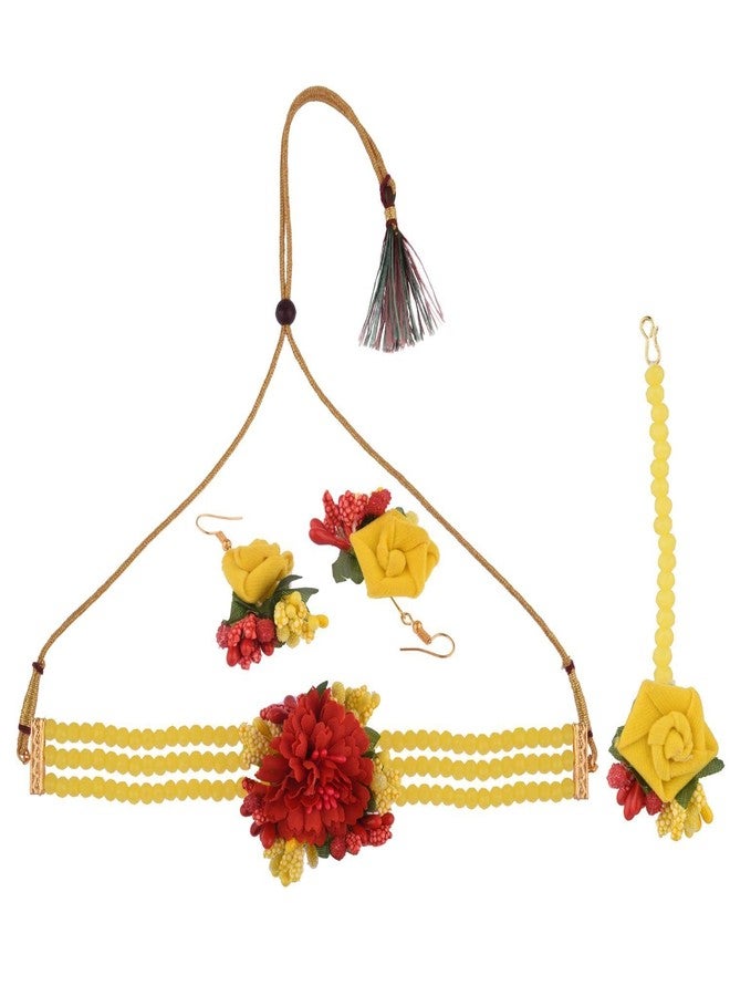 Efulgenz Beaded Faux Pearl Yellow Flower Jewelry Set Choker Neckalce with Maang Tikka Earrings Floral Handmade Indian Jewelry for Women for Haldi Mehandi Wedding Bridal Baby Shower, Acrylic, not known - Image 5