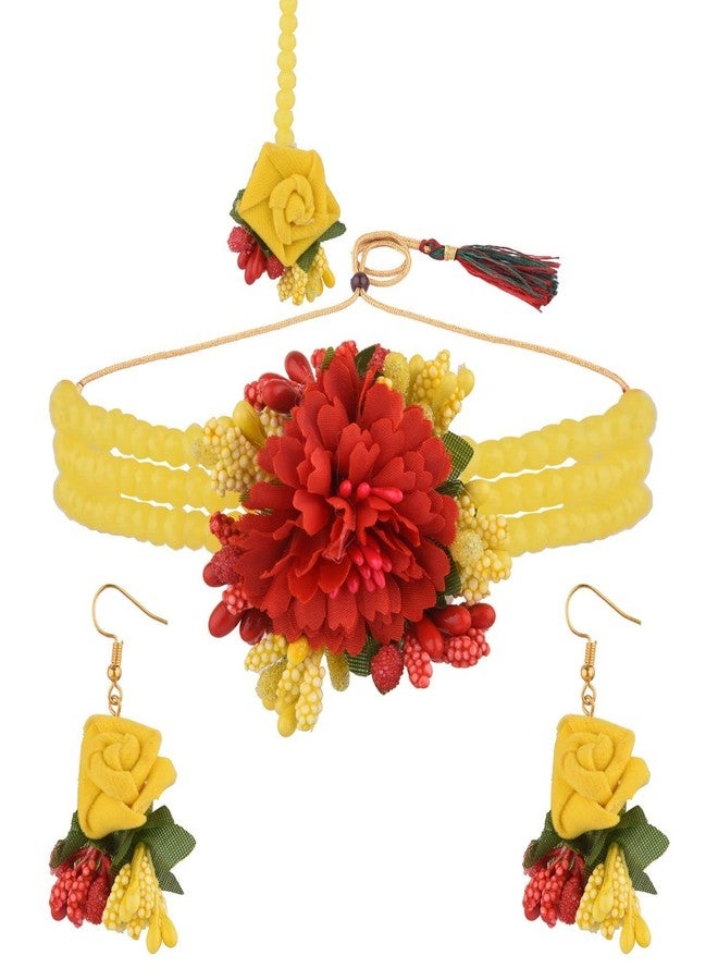 Efulgenz Beaded Faux Pearl Yellow Flower Jewelry Set Choker Neckalce with Maang Tikka Earrings Floral Handmade Indian Jewelry for Women for Haldi Mehandi Wedding Bridal Baby Shower, Acrylic, not known - Image 1