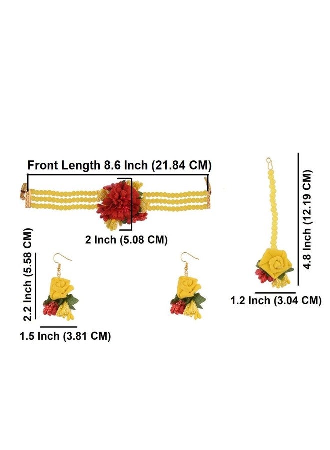 Efulgenz Beaded Faux Pearl Yellow Flower Jewelry Set Choker Neckalce with Maang Tikka Earrings Floral Handmade Indian Jewelry for Women for Haldi Mehandi Wedding Bridal Baby Shower, Acrylic, not known - Image 4
