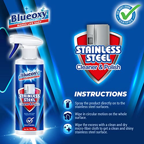 BLUEOXY Stainless Steel Cleaner and Polish | Stainless Steel Magic | Removes Fingerprints | Water Marks and Grease from Appliances Refrigerators | Ecological Formulation | 500 ML | RTU Spray | QTY 1 - Image 3