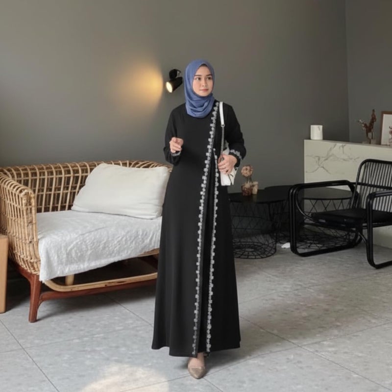 Women's Long Sleeve Maxi Dress with Lace Trim - Elegant Modest Gown for Evening & Home - Image 2