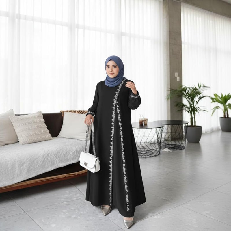 Women's Long Sleeve Maxi Dress with Lace Trim - Elegant Modest Gown for Evening & Home - Image 3