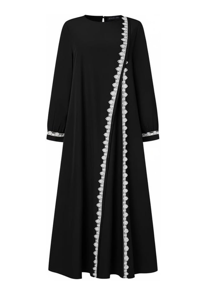 Women's Long Sleeve Maxi Dress with Lace Trim - Elegant Modest Gown for Evening & Home - Image 1