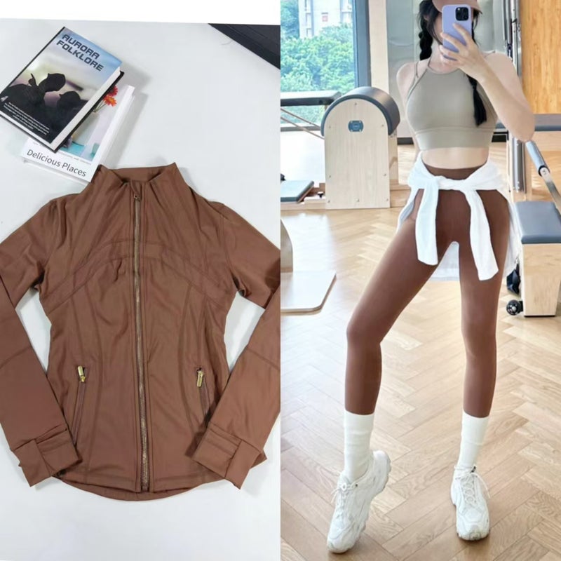 Generic Jacket Womens Sports Jacket Zipper Cardigan Long Sleeve Slim-Fit Running Fitness Top Define Yoga suit Maillard gold zipper long jacket set 