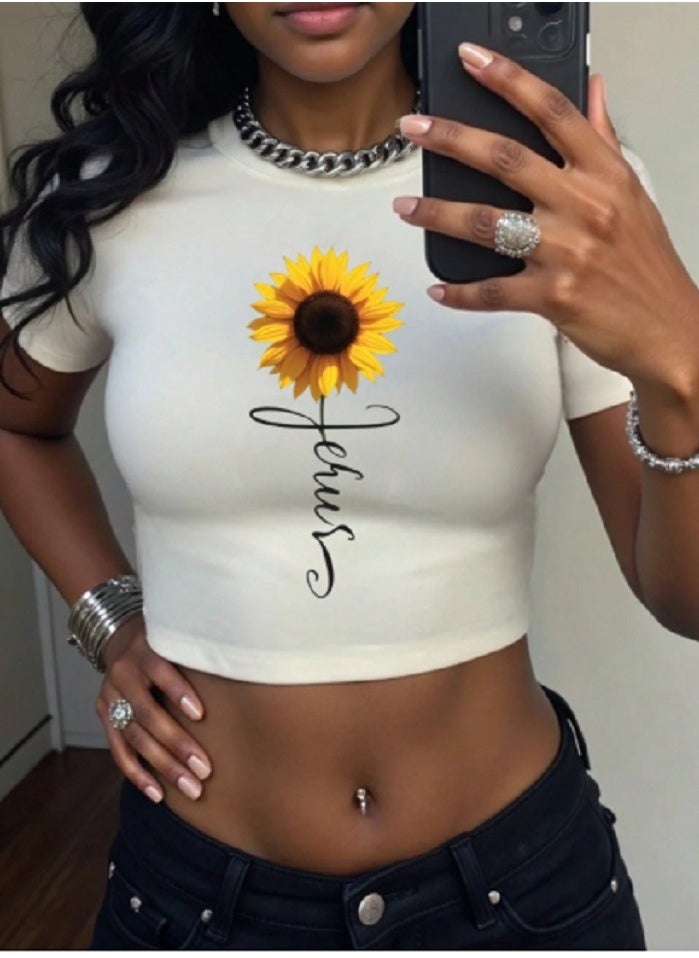 Shein Sunflower Print Graphic Women's Round Neck Short Sleeve T-Shirt  - Image 1