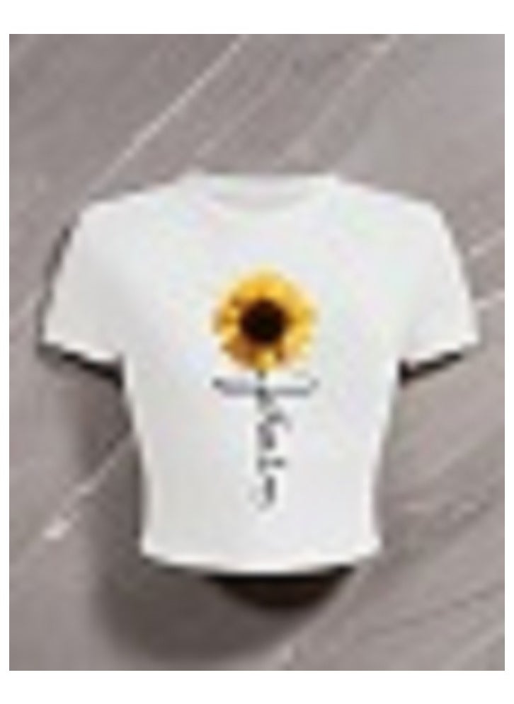 Shein Sunflower Print Graphic Women's Round Neck Short Sleeve T-Shirt  - Image 4