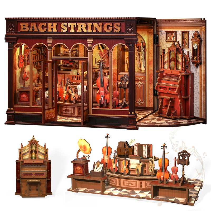 CUTEBEE Book Nook Kit - DIY Miniature House Dollhouse Kit for Adults and Teens, Booknook Tiny Japanese House Bookshelf Decor 3D Wooden Puzzle, Gifts for Family, Friends (Bach Strings) - Image 1