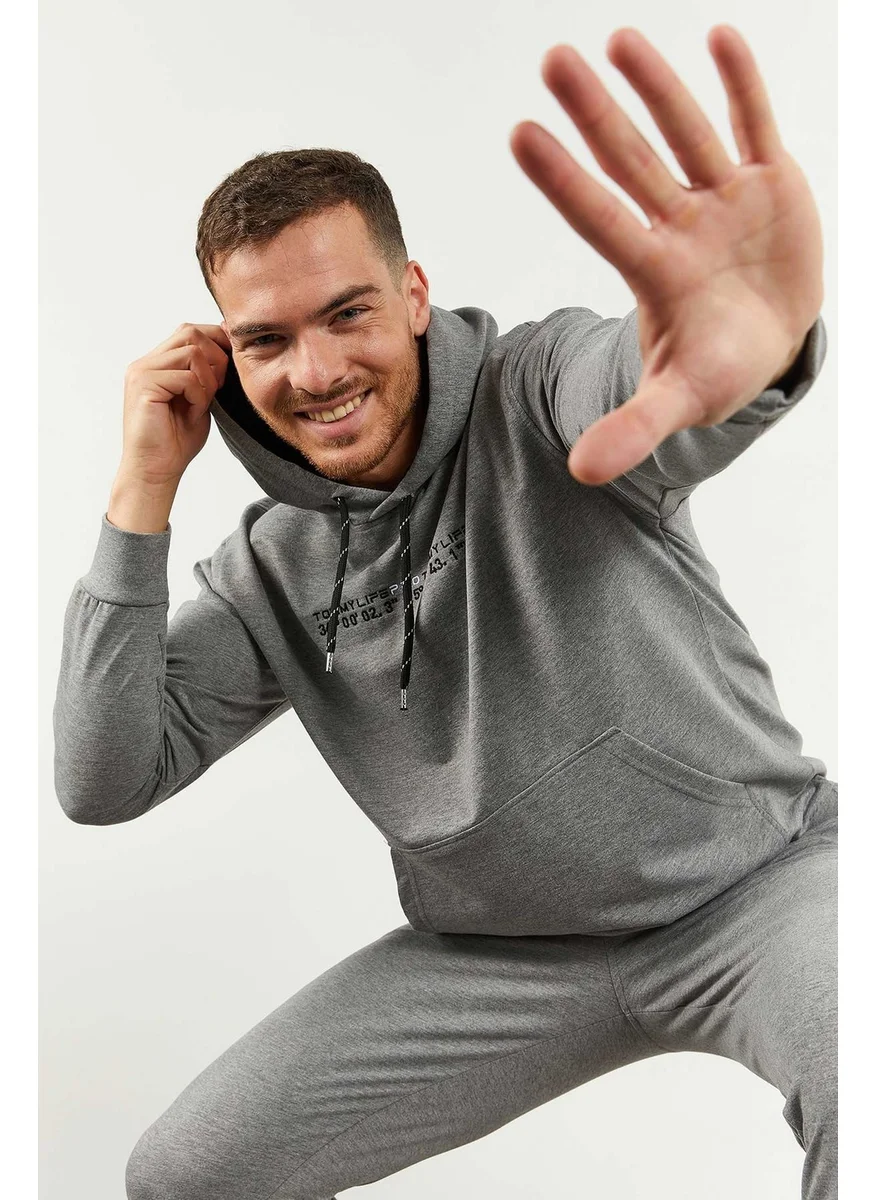 Tommy Life Gray Melange Men's Hooded Kangaroo Pocket Oversize Elastic Leg Tracksuit - 85117