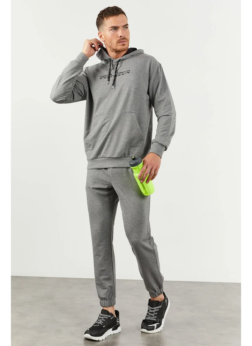 Tommy Life Gray Melange Men's Hooded Kangaroo Pocket Oversize Elastic Leg Tracksuit - 85117
