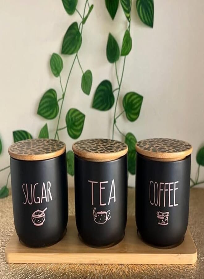 Generic Kitchen Canister Set with Bamboo Lids, 3 Piece Ceramic Storage Jars for Coffee Tea Sugar, Black with Rose Gold Text, Wooden Base .db