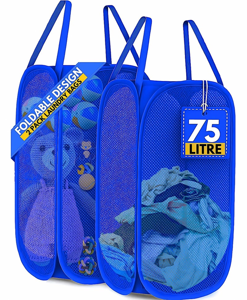 F8WARES 2PK 75 Litres Nylon Mesh Foldable Laundry Basket for Clothes - Odourless Breathable Laundry Bag for Clothes with Carry Handles - Kids Toy Baskets For Storage & Dirty Cloth Basket Hamper Blue - Image 1