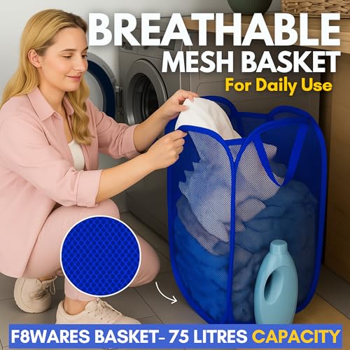 F8WARES 2PK 75 Litres Nylon Mesh Foldable Laundry Basket for Clothes - Odourless Breathable Laundry Bag for Clothes with Carry Handles - Kids Toy Baskets For Storage & Dirty Cloth Basket Hamper Blue - Image 3