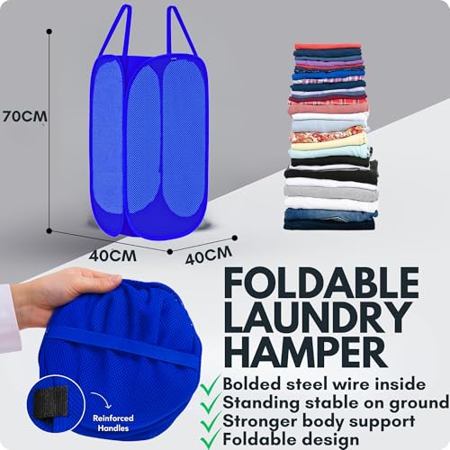 F8WARES 2PK 75 Litres Nylon Mesh Foldable Laundry Basket for Clothes - Odourless Breathable Laundry Bag for Clothes with Carry Handles - Kids Toy Baskets For Storage & Dirty Cloth Basket Hamper Blue - Image 2