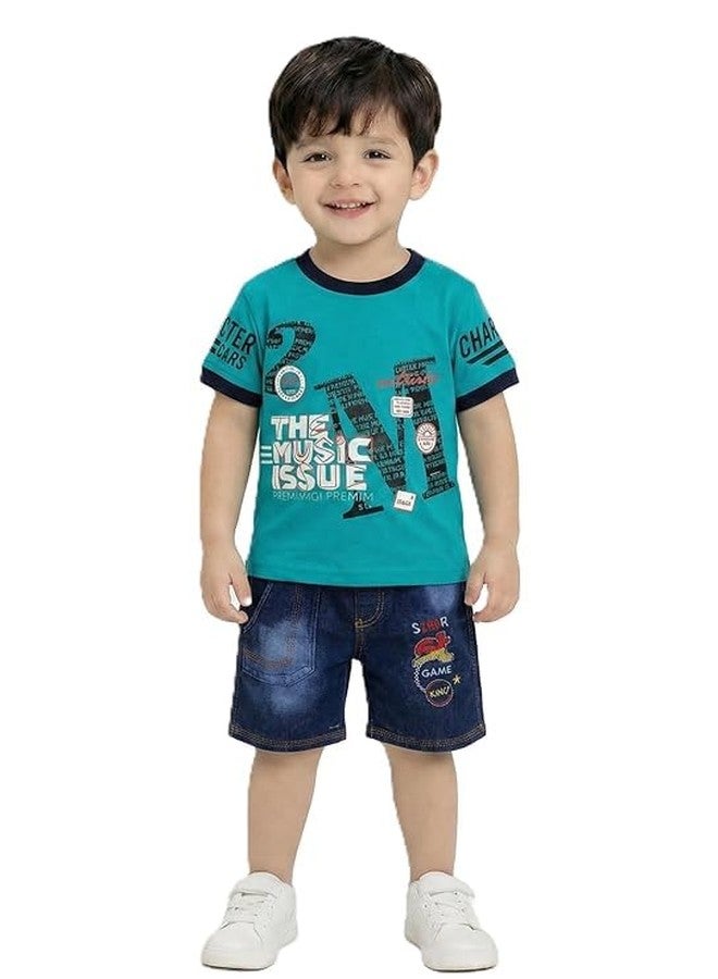RIZZQ Kids Dress for Boys | Round Printed Neck Half Sleeve T-shirt and Pant Clothing Set for Baby Boys (Mustard, 3-4 Year) - Image 1