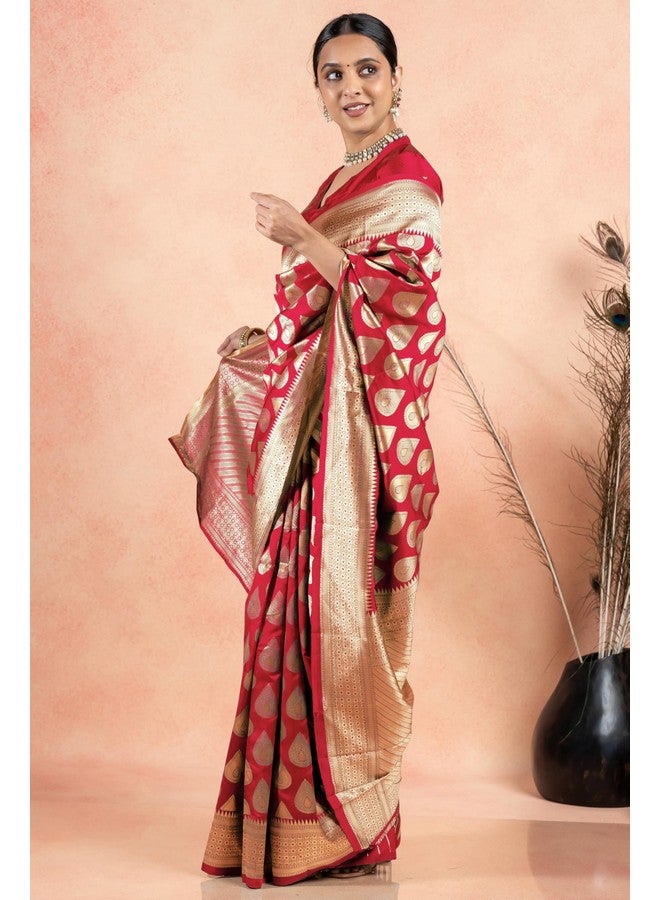 Subham Women's Silk Cotton Kanjivaram Soft Saree with Blouse Piece | Jacquard Design Banarasi Sarees | Golden Zari (45603 - Red) - Image 3