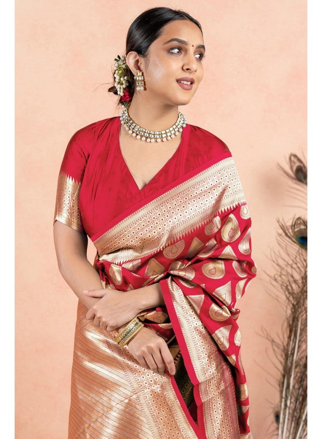 Subham Women's Silk Cotton Kanjivaram Soft Saree with Blouse Piece | Jacquard Design Banarasi Sarees | Golden Zari (45603 - Red) - Image 5