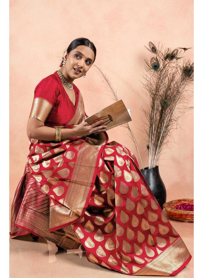 Subham Women's Silk Cotton Kanjivaram Soft Saree with Blouse Piece | Jacquard Design Banarasi Sarees | Golden Zari (45603 - Red) - Image 2