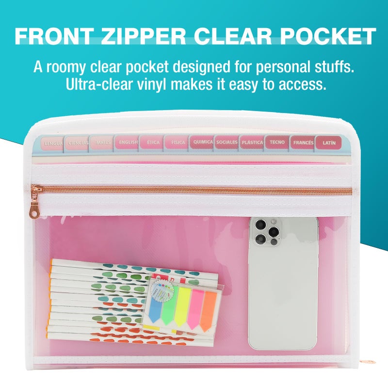 H4D 13 Pocket Expanding File Folder Organizer with Front Clear Pounch, Accordion File Organizer with Zipper Clourse, Fit for Letter Size Papers, Pink - Image 2