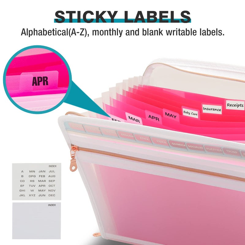 H4D 13 Pocket Expanding File Folder Organizer with Front Clear Pounch, Accordion File Organizer with Zipper Clourse, Fit for Letter Size Papers, Pink - Image 3
