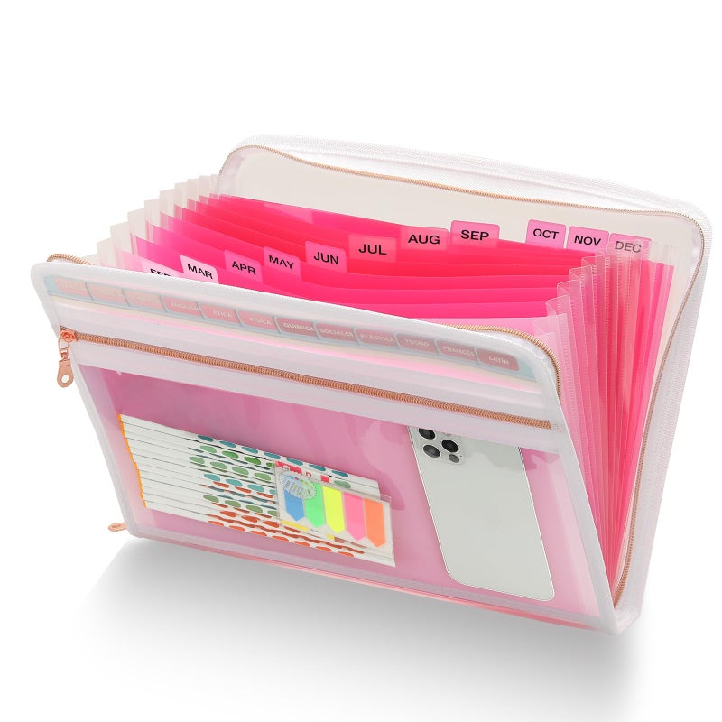 H4D 13 Pocket Expanding File Folder Organizer with Front Clear Pounch, Accordion File Organizer with Zipper Clourse, Fit for Letter Size Papers, Pink - Image 1