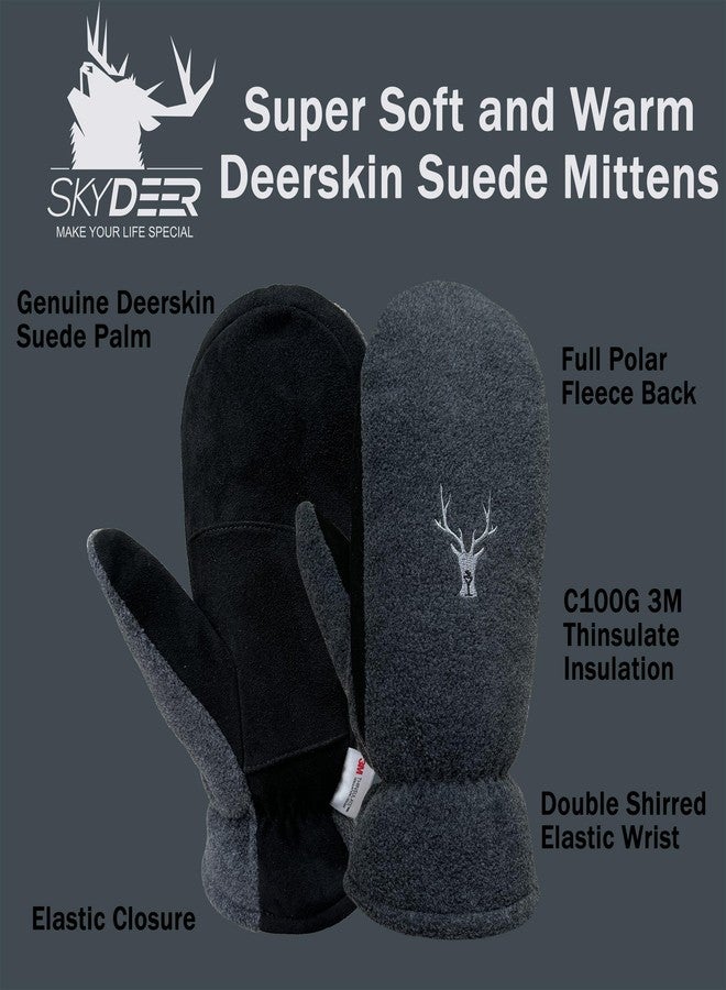 SKYDEER Mittens for Men and Women, Upgraded Deerskin Suede Leather, C100G 3M Thinsulate Insulation, Thermal Polar Fleece, Gloves for Cold Weather (SD5172M/L) - Image 3