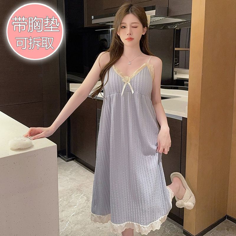 Women'S Summer Nightgown Cotton With Chest Pad Sling Nightgown Sweet Ins Style Chubby Girl Plus Size Home Clothes Outwear - Image 1