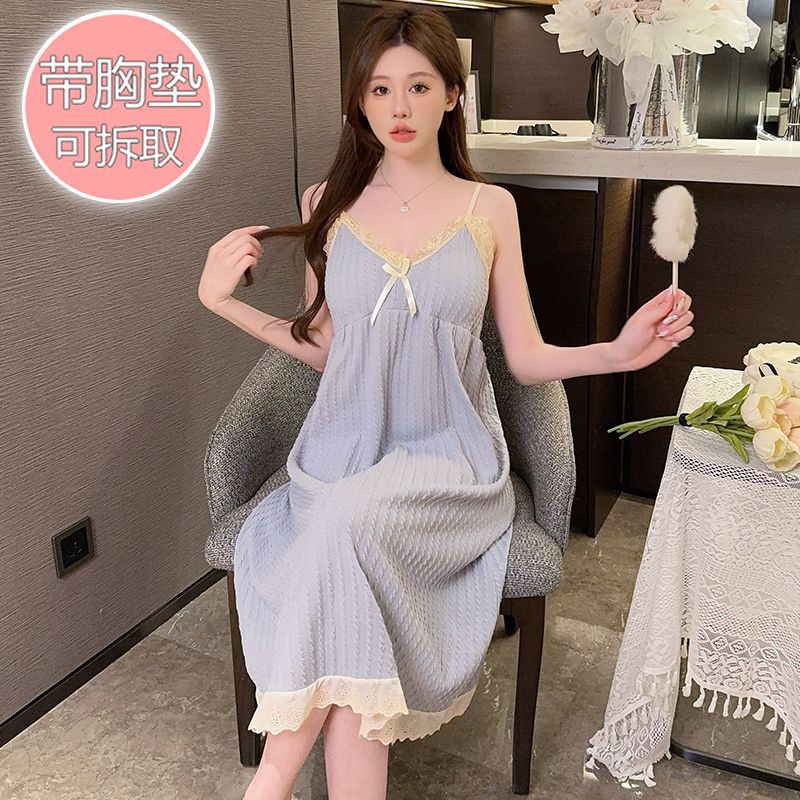 Women'S Summer Nightgown Cotton With Chest Pad Sling Nightgown Sweet Ins Style Chubby Girl Plus Size Home Clothes Outwear - Image 2