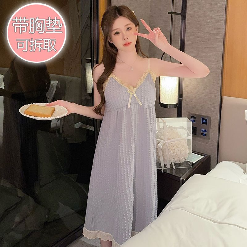 Women'S Summer Nightgown Cotton With Chest Pad Sling Nightgown Sweet Ins Style Chubby Girl Plus Size Home Clothes Outwear - Image 5