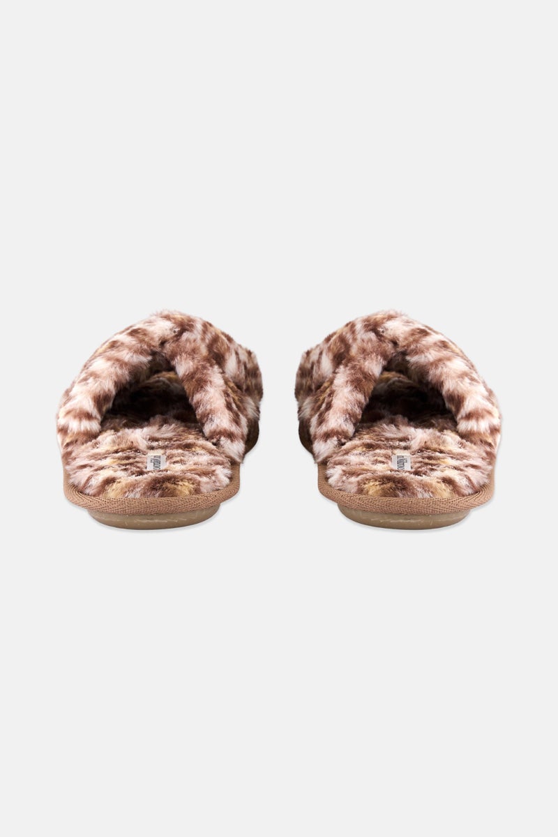 Women Animal Print Criss Cross Slip On Slippers, Beige