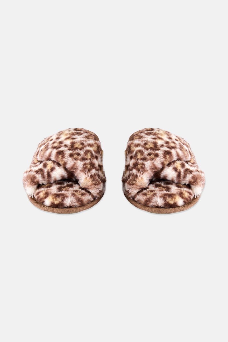 Women Animal Print Criss Cross Slip On Slippers, Beige
