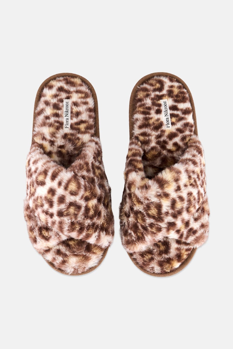 Women Animal Print Criss Cross Slip On Slippers, Beige