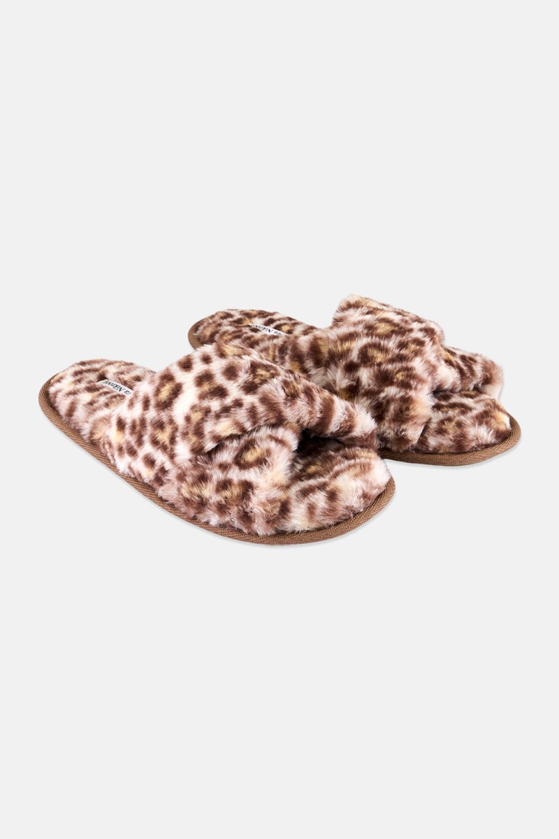 Women Animal Print Criss Cross Slip On Slippers, Beige