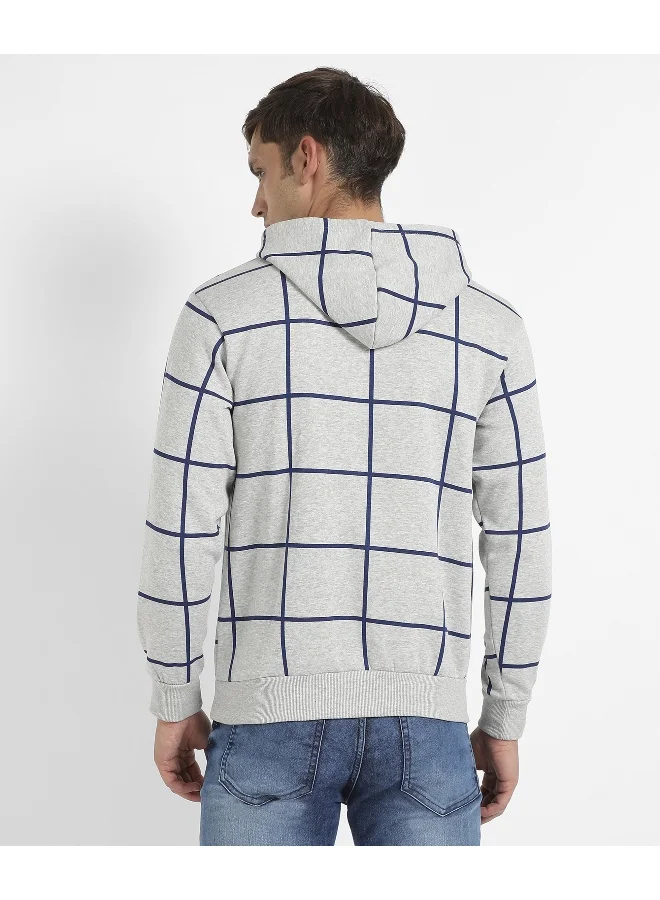 Campus Sutra Men's Light Grey Contrast Graph Check Hoodie With Kangaroo Pocket