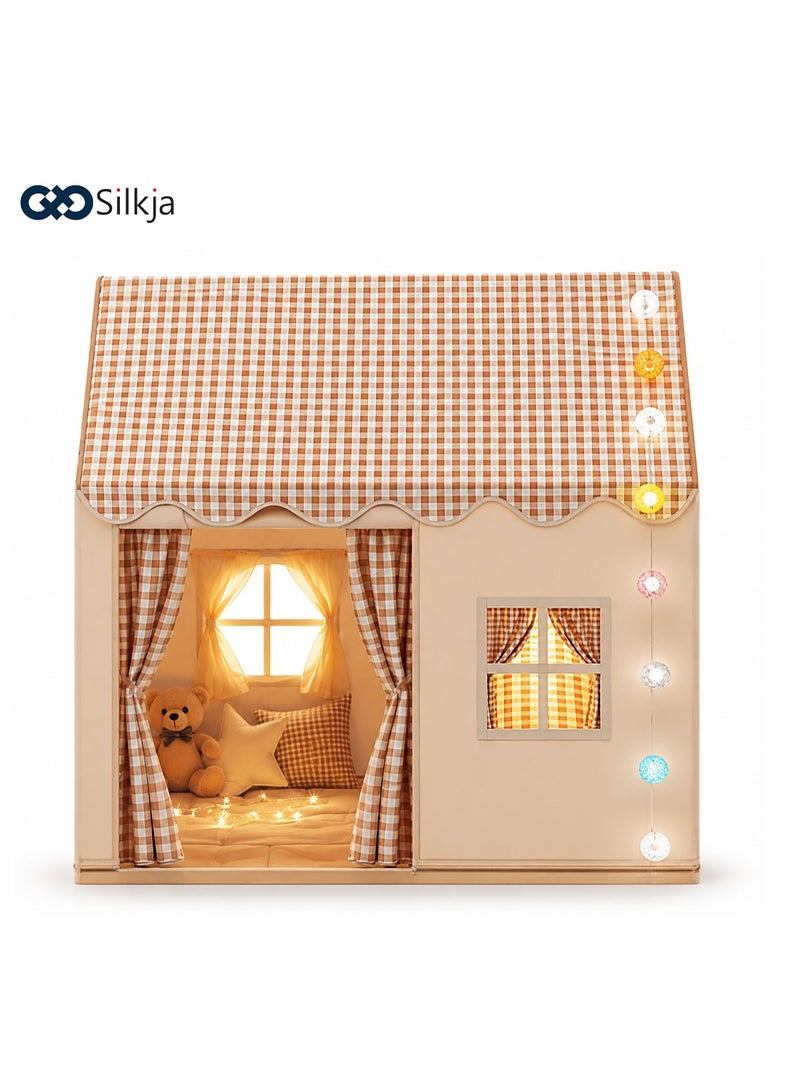 Silkja Kids Play Tent – Large Indoor & Outdoor Playhouse for Boys & Girls (Ages 3–10) – Beige Tent with LED Fairy Lights, Windows & Curtains – Easy to Assemble Children’s Play House - Image 1